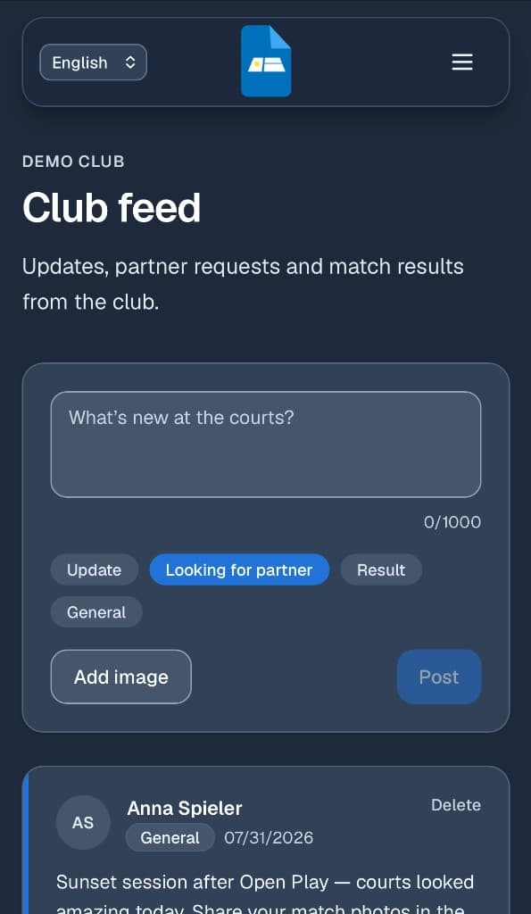 Court Reservation club feed with composer, updates, and partner requests
