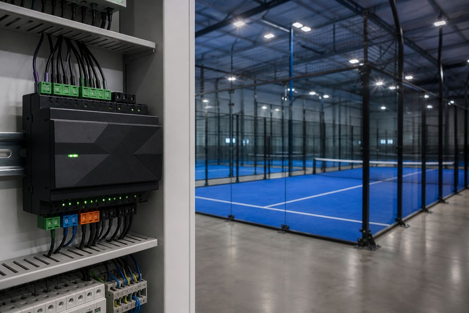 Loxone Miniserver im Schaltschrank vor einer beleuchteten Padelhalle