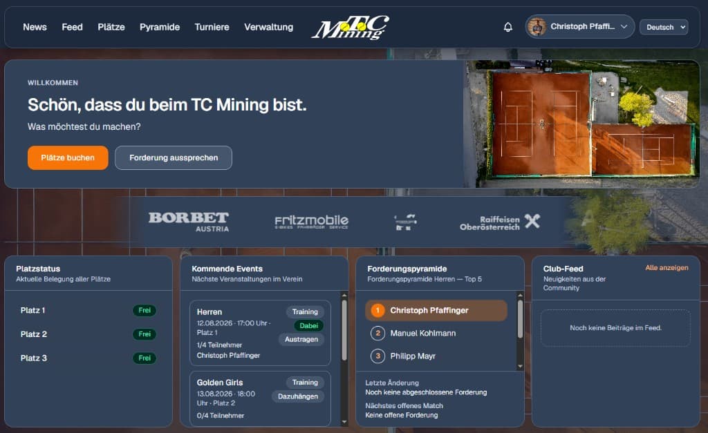 Screenshot of the TC Mining club site with custom logo, dark branding, orange CTAs, court status, events, and challenge pyramid