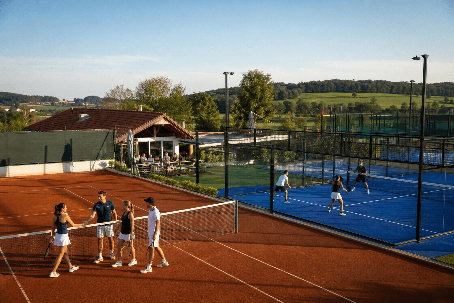 Sunny match day with a clay tennis court and padel courts — teams at the net after a match, clubhouse in the background